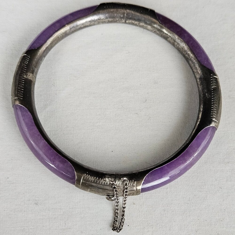 Vintage Lavender Jade Sterling 925 Hinged Bangle Bracelet